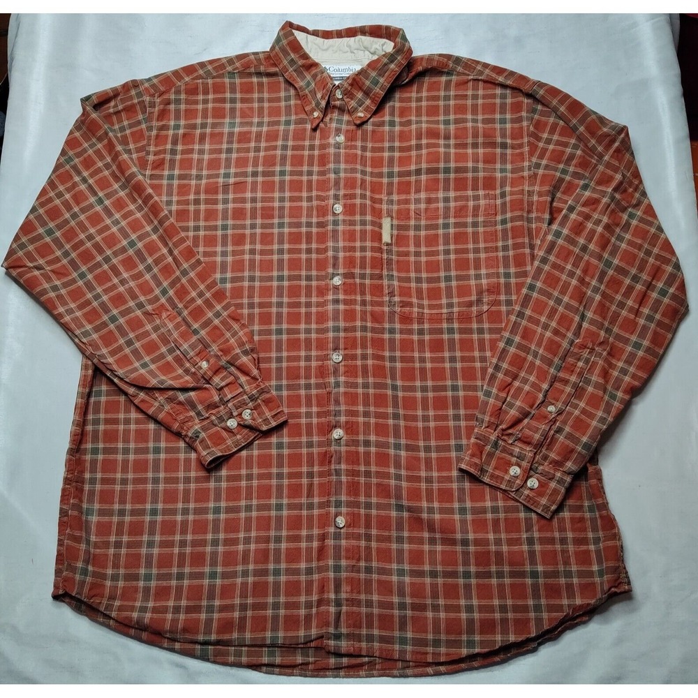 COLUMBIA Men Size 2XL Clay Red Plaid Cotton Long Sleeve Button-Up Shirt